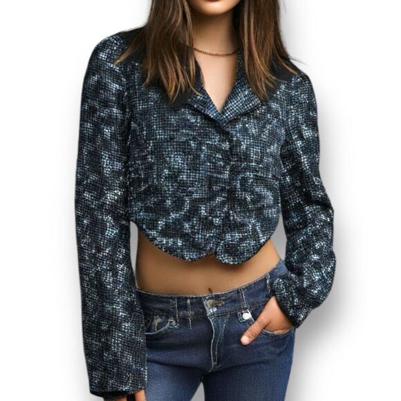 Vintage 90s Black White Tweed Tailored Cropped Blazer Jacket Classic Wool Small - Picture 9 of 9